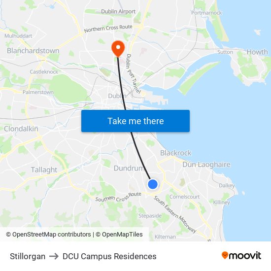 Stillorgan to DCU Campus Residences map