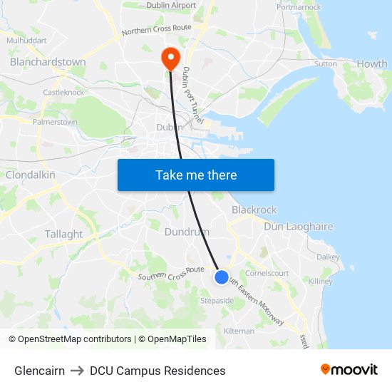 Glencairn to DCU Campus Residences map