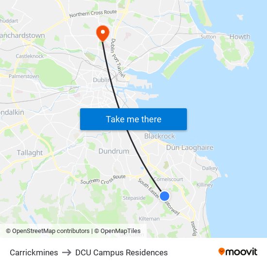 Carrickmines to DCU Campus Residences map