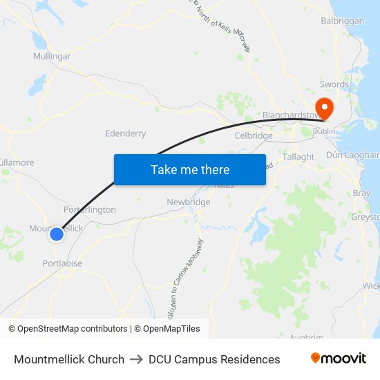 Mountmellick Church to DCU Campus Residences map