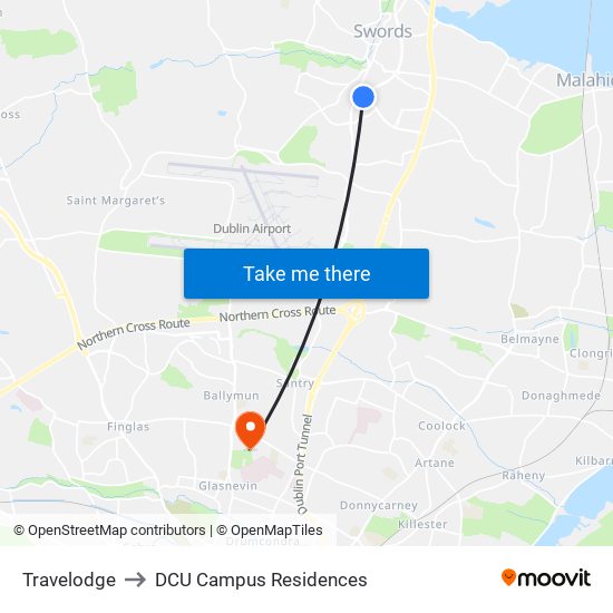 Travelodge to DCU Campus Residences map