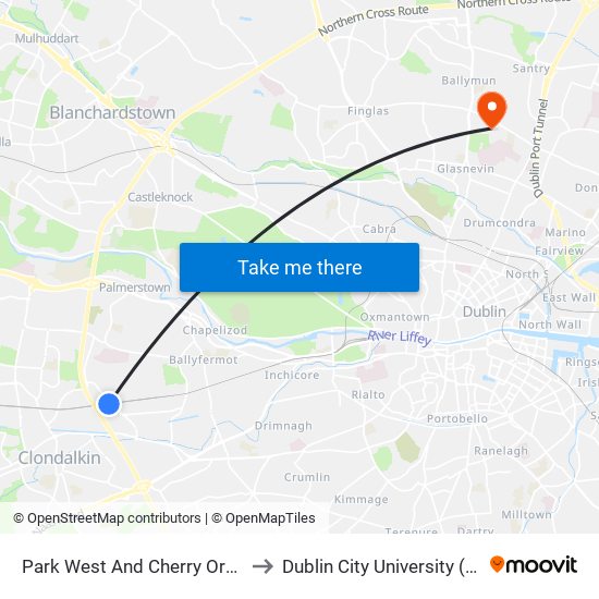 Park West And Cherry Orchard to Dublin City University (DCU) map