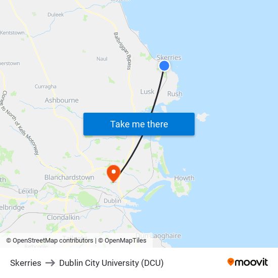 Skerries to Dublin City University (DCU) map