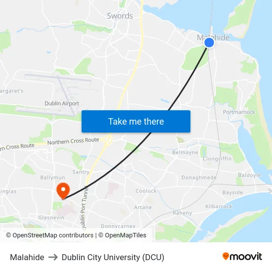 Malahide to Dublin City University (DCU) map