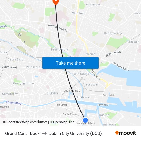 Grand Canal Dock to Dublin City University (DCU) map