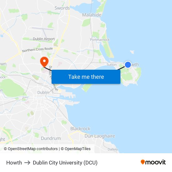 Howth to Dublin City University (DCU) map