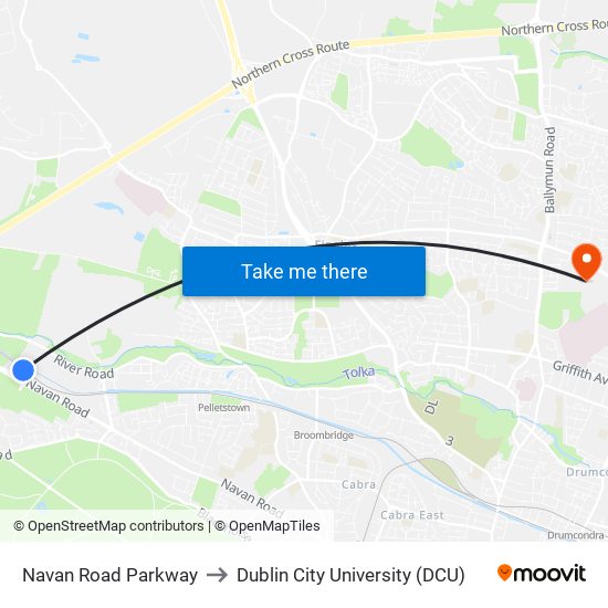 Navan Road Parkway to Dublin City University (DCU) map