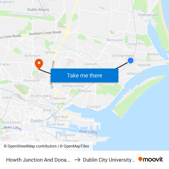 Howth Junction And Donaghmede to Dublin City University (DCU) map