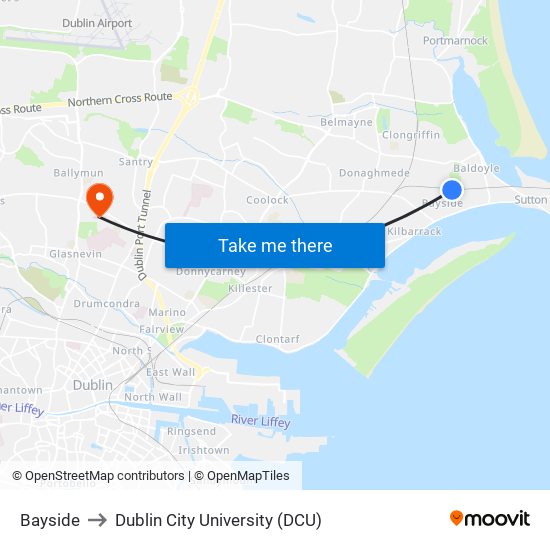 Bayside to Dublin City University (DCU) map