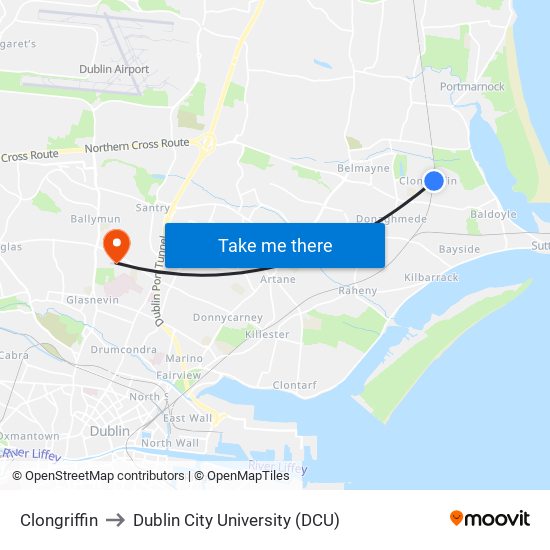 Clongriffin to Dublin City University (DCU) map