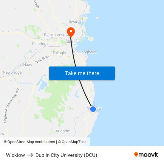 Wicklow to Dublin City University (DCU) map