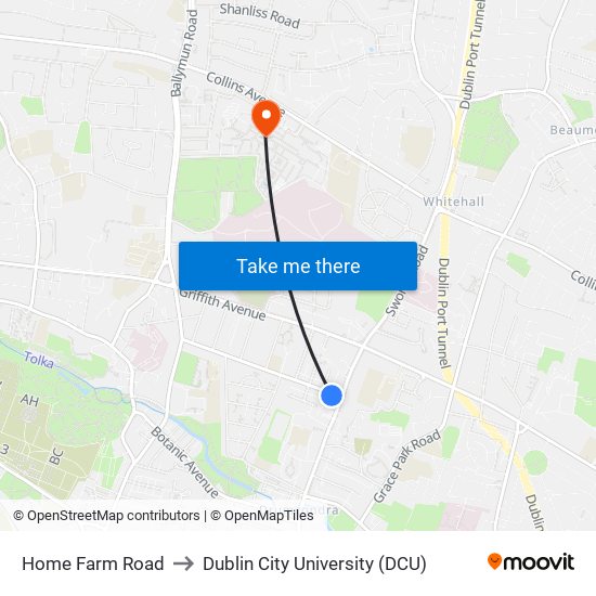 Home Farm Road to Dublin City University (DCU) map