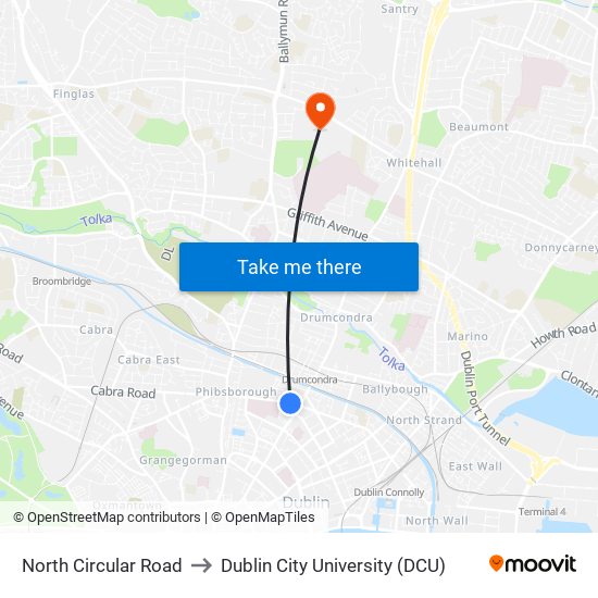 North Circular Road to Dublin City University (DCU) map