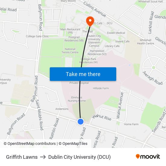 Griffith Lawns to Dublin City University (DCU) map