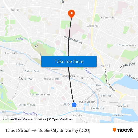 Talbot Street to Dublin City University (DCU) map