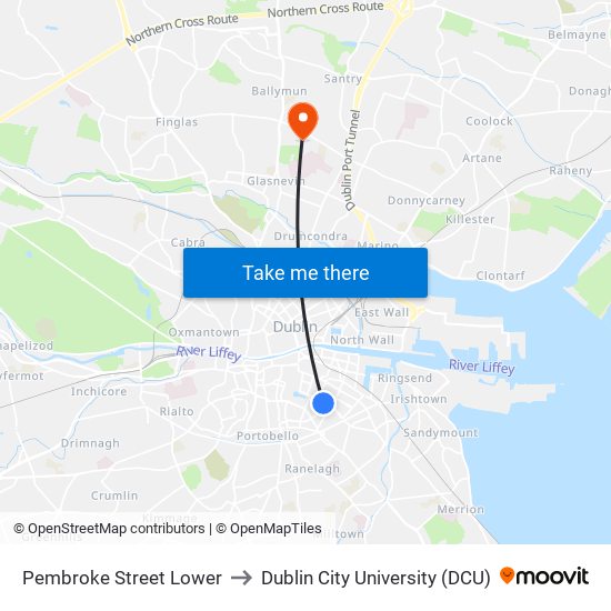 Pembroke Street Lower to Dublin City University (DCU) map