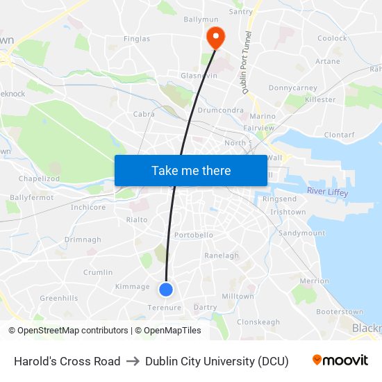 Harold's Cross Road to Dublin City University (DCU) map