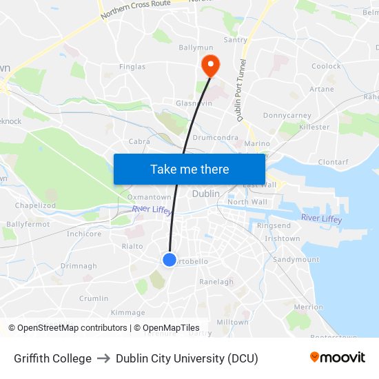 Griffith College to Dublin City University (DCU) map