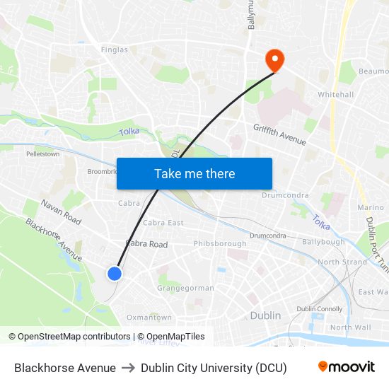 Blackhorse Avenue to Dublin City University (DCU) map