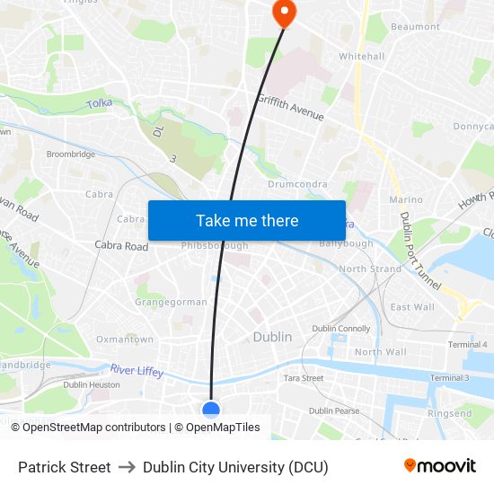 Patrick Street to Dublin City University (DCU) map