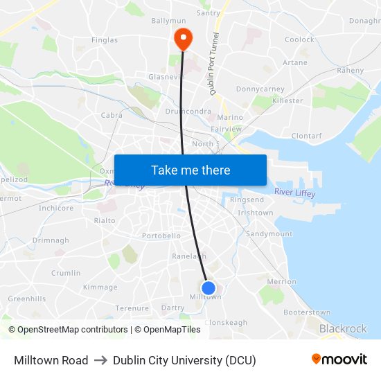 Milltown Road to Dublin City University (DCU) map