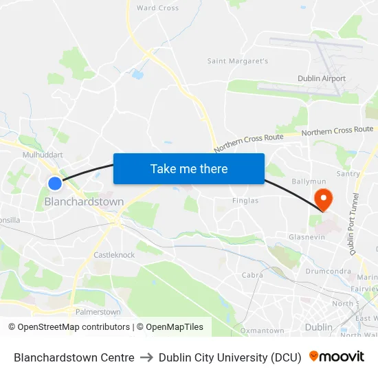 Blanchardstown Centre to Dublin City University (DCU) map
