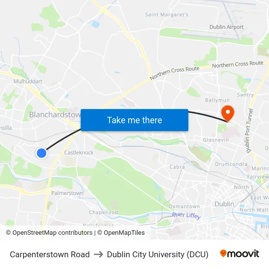 Carpenterstown Road to Dublin City University (DCU) map