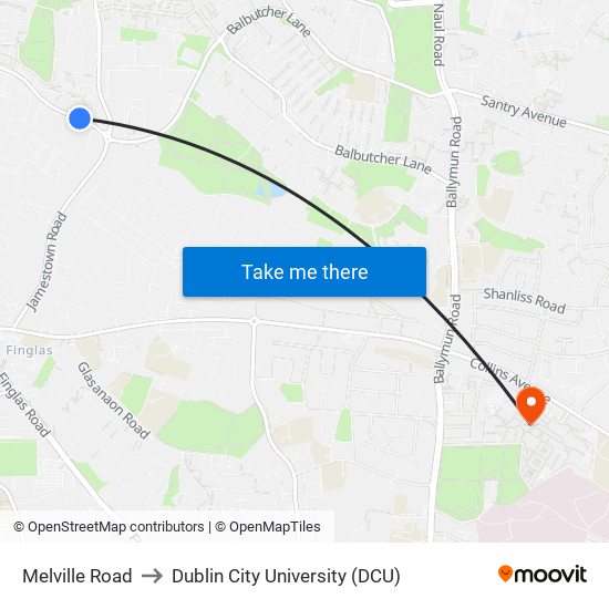 Melville Road to Dublin City University (DCU) map