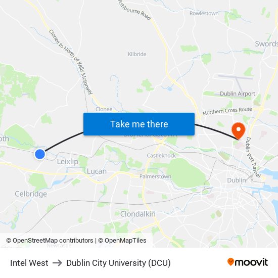 Intel West to Dublin City University (DCU) map
