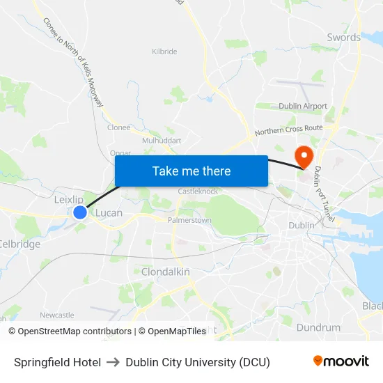 Springfield Hotel to Dublin City University (DCU) map