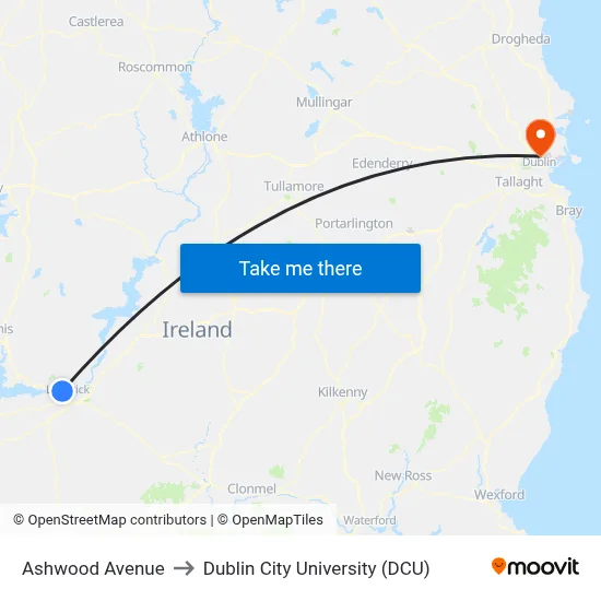 Ashwood Avenue to Dublin City University (DCU) map