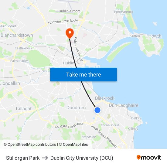 Stillorgan Park to Dublin City University (DCU) map