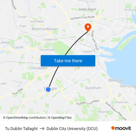 Tu Dublin Tallaght to Dublin City University (DCU) map