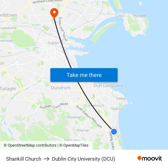 Shankill Church to Dublin City University (DCU) map