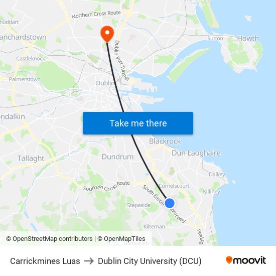 Carrickmines Luas to Dublin City University (DCU) map