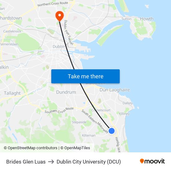 Brides Glen Luas to Dublin City University (DCU) map