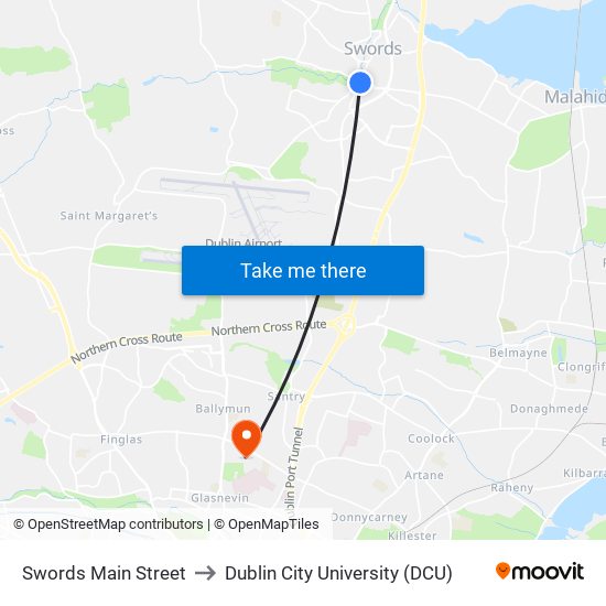 Swords Main Street to Dublin City University (DCU) map