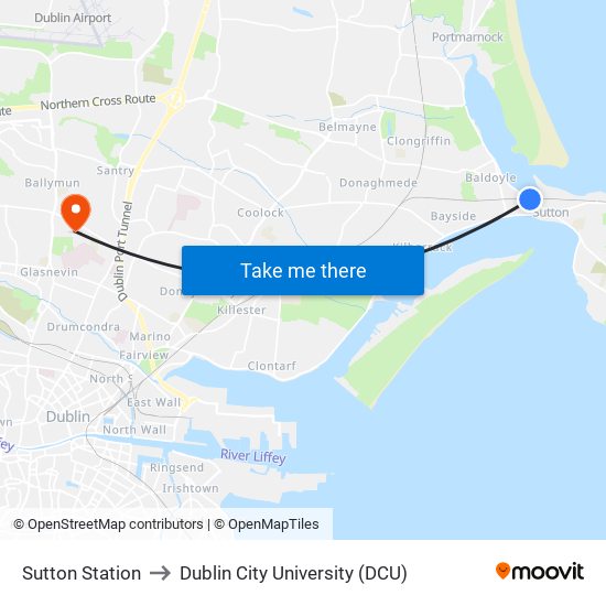 Sutton Station to Dublin City University (DCU) map