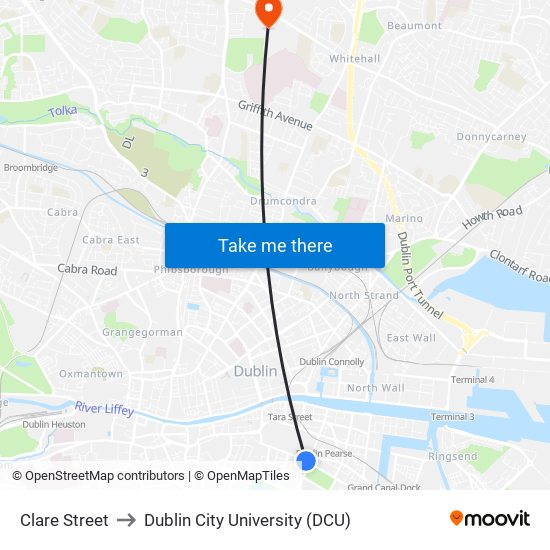 Clare Street to Dublin City University (DCU) map