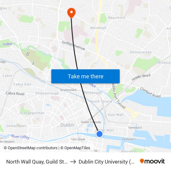 North Wall Quay, Guild Street to Dublin City University (DCU) map