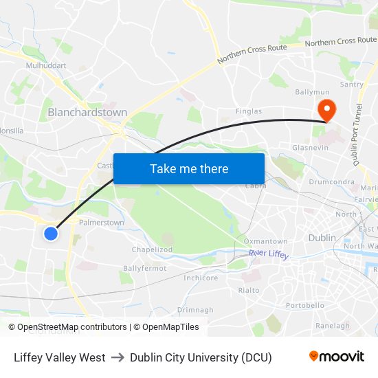 Liffey Valley West to Dublin City University (DCU) map