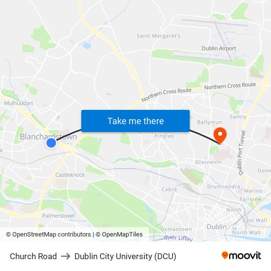 Church Road to Dublin City University (DCU) map