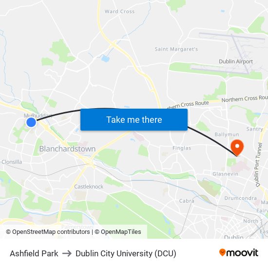 Ashfield Park to Dublin City University (DCU) map