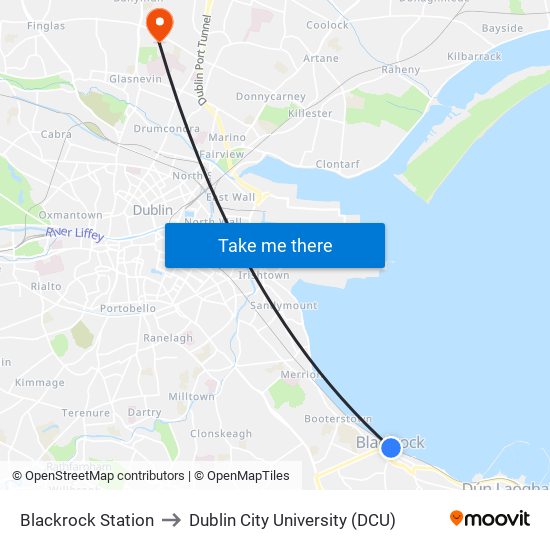 Blackrock Station to Dublin City University (DCU) map