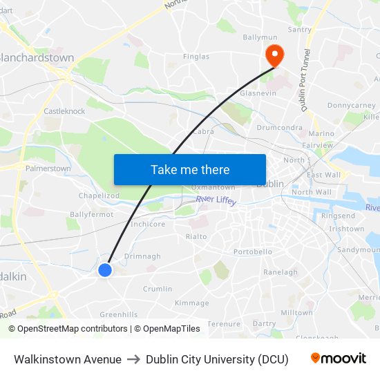 Walkinstown Avenue to Dublin City University (DCU) map