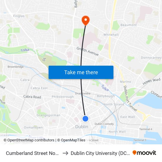 Cumberland Street North to Dublin City University (DCU) map