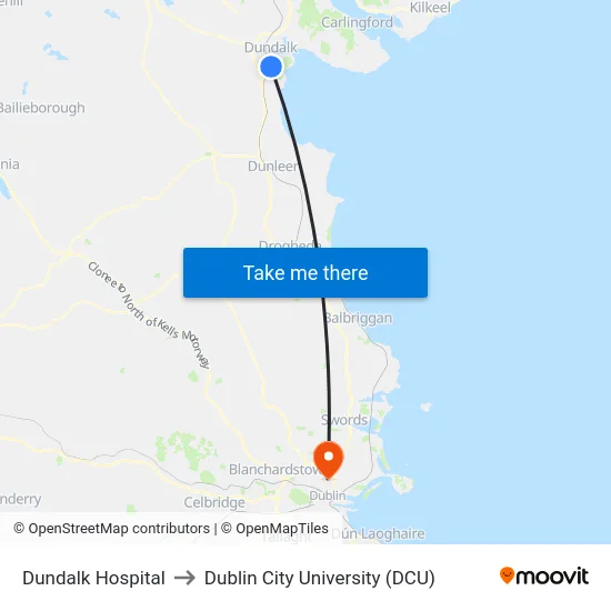 Dundalk Hospital to Dublin City University (DCU) map