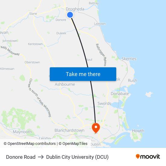 Donore Road to Dublin City University (DCU) map