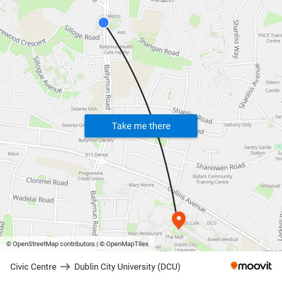 Civic Centre to Dublin City University (DCU) map