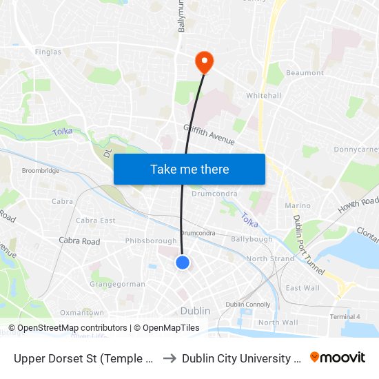 Upper Dorset St (Temple Street) to Dublin City University (DCU) map